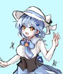  1girl :d alternate_costume bare_shoulders black_corset blue_background blue_bow blue_bowtie blue_hair blue_skirt bow bowtie braid braided_hair_rings breasts bug butterfly commentary_request corset dress hair_rings highres korean_commentary looking_at_viewer mahou_shoujo_no_majo_saiban munmun_cm open_mouth short_hair simple_background skirt sleeveless sleeveless_dress smile solo tachibana_sherry teeth upper_body upper_teeth_only yellow_eyes 