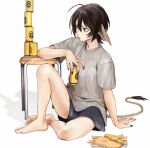 1girl animal_ears antenna_hair beer_can black_hair black_nails can commentary drink_can english_commentary fingernails fish_(food) fish_and_chips highres original sharp_fingernails shirt short_hair shorts t-shirt table tail white_background yonq98 