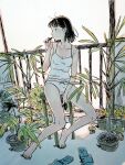  1girl absurdres air_conditioner arai_youjirou armpit_crease backlighting balcony bare_arms bare_legs bare_shoulders barefoot black_eyes black_hair black_nails bow bow_panties breasts camisole cleavage collarbone condenser_unit electronic_cigarette expressionless flower_pot full_body hair_behind_ear hand_up highres holding holding_electronic_cigarette looking_to_the_side medium_breasts nail_polish no_pants on_stool original panties plant potted_plant railing sandals short_hair sitting spaghetti_strap stool toenail_polish toenails turning_head underwear unworn_sandals vaping white_camisole white_panties wind 