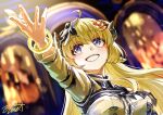  1girl :d ahoge animal_ears blonde_hair blurry blurry_background breasts buru-dai center_frills collared_shirt commentary english_commentary frills grin hair_ornament hairclip hololive hololive_idol_uniform_(color_rise) horns long_hair official_alternate_costume outstretched_arm purple_eyes sheep_ears sheep_girl sheep_horns shirt smile solo tsunomaki_watame upper_body very_long_hair virtual_youtuber yellow_shirt 