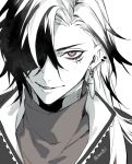  1boy boothill_(honkai:_star_rail) crosshair_pupils curtained_hair ear_piercing earrings facial_mark greyscale hair_over_one_eye highres honkai:_star_rail honkai_(series) jacket jewelry liexxx9xi male_focus monochrome multicolored_hair multiple_earrings one_eye_covered parted_hair parted_lips piercing portrait shell_casing shirt simple_background smile solo turtleneck twitter_username unzipped white_background zipper 
