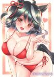  1girl absurdres ahoge animal_ears bare_shoulders bikini black_hair blush breasts cleavage collarbone commentary_request hair_between_eyes heart highres horse_ears horse_girl horse_tail kitasan_black_(umamusume) large_breasts looking_at_viewer mimikuro multicolored_hair navel open_mouth red_bikini red_eyes short_hair smile solo stomach streaked_hair swimsuit tail traditional_media umamusume white_hair 
