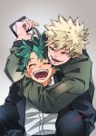  2boys :d ^_^ arm_around_neck arm_up bakugou_katsuki black_jacket black_pants blonde_hair blurry boku_no_hero_academia carrying carrying_person closed_eyes commentary_request curtained_hair depth_of_field dress_shirt eyebrows_hidden_by_hair facing_viewer film_grain freckles front-to-back furrowed_brow gradient_background green_hair green_jacket grey_background hair_between_eyes heads_together highres holding jacket lapels long_sleeves looking_at_another looking_down looking_to_the_side male_focus midoriya_izuku multiple_boys nikaidou_iroha notched_lapels object_request open_clothes open_jacket open_mouth pants parted_bangs partial_commentary piggyback poster_(medium) pouch raised_eyebrow red_eyes scar scar_on_cheek scar_on_face shirt short_hair sleeve_cuffs sleeve_pouch smile spiked_hair straight-on tsurime twitter_username upper_body white_shirt zipper zipper_pull_tab 