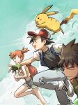  1girl 2boys aihara-rina ash_ketchum baseball_cap black_hair black_shirt blue_jacket blue_pants blue_shorts blue_sky brock_(pokemon) brown_hair closed_eyes closed_mouth cloud cloudy_sky commentary denim denim_shorts fingerless_gloves foot_out_of_frame from_side gloves green_gloves hat high_side_ponytail highres jacket jeans leg_up midriff_peek misty_(pokemon) multiple_boys open_clothes open_jacket open_mouth orange_hair outdoors pants pikachu pokemon pokemon_(anime) pokemon_(classic_anime) pokemon_(creature) profile shirt shoes short_hair short_sleeves shorts side_ponytail sky sneakers tank_top togepi yellow_tank_top 