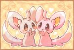  alternate_color animal_ear_fluff animal_focus argyle_background black_eyes blush border brown_border commentary fluffy grey_fur heart highres minccino nenekura913 no_humans pink_fur pokemon pokemon_(creature) pokemon_focus ribbon shiny_pokemon tail yellow_background 