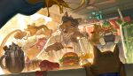  1girl 3boys animal_ears arthropod_girl autumn004 brown_fur burger cat closed_eyes closed_mouth commentary eating english_commentary eyewear_on_head fangs fish_boy food french_fries furry furry_female furry_male gold_bar highres holding holding_food hot_dog ice_cream ice_cream_float ketchup_bottle looking_at_viewer money_bag mr._piranha mr._snake mr._wolf ms._tarantula multiple_boys open_mouth pizza pov safe_(container) sitting smile snake_boy spider_girl sunglasses the_bad_guys_(movie) waffle wolf_boy wolf_ears 