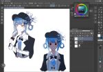  1girl art_program_in_frame bird_hat_ornament black_bow black_bowtie black_capelet black_hat blue_hair blue_necktie bow bowtie braid braided_hair_rings capelet clip_studio_paint_(medium) closed_mouth collared_shirt commentary_request deerstalker empty_eyes hair_bow hair_rings hat hat_bow highres holding holding_magnifying_glass long_sleeves looking_at_viewer magnifying_glass mahou_shoujo_no_majo_saiban moi_(blueflower_o) multiple_views necktie shirt short_hair simple_background smile straight-on tachibana_sherry upper_body vest white_background white_shirt yellow_eyes 