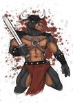  abs anthro blood bovine canine cattle clothing doberman dog dognextdoor facial_piercing horn hybrid loincloth male mammal melee_weapon muscular navel nipples nose_piercing open_mouth piercing simple_background solo sword teeth tongue weapon 