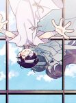  1boy 1girl ^_^ antenna_hair bandage_over_one_eye bandaged_arm bandaged_head bandaged_neck bandages black_hair brother_and_sister closed_eyes day different_reflection dress facing_another facing_viewer falling gown grin highres hospital_gown long_hair mari_(omori) mari_(spirit)_(omori) mitsubachi_koucha official_alternate_costume omori open_mouth outdoors outstretched_arms reaching reflection short_hair short_sleeves siblings smile spoilers sunny_(hospital_gown)_(omori) sunny_(omori) teeth twitter_username u_u upside-down 