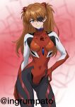  1girl absurdres arm_behind_back artist_name blue_eyes blurry blurry_background bodysuit breasts brown_hair closed_mouth commentary_request covered_navel double-parted_bangs evangelion:_3.0_you_can_(not)_redo eyepatch hair_between_eyes hairpods hand_on_own_hip highres kyomeihibiki long_hair looking_at_viewer mecha_pilot_suit medium_breasts neon_genesis_evangelion one_eye_covered pink_background plugsuit_(evangelion) rebuild_of_evangelion red_bodysuit simple_background smile solo souryuu_asuka_langley turtleneck turtleneck_bodysuit twitter_username two-tone_background upper_body watermark 