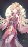  1girl absurdres artist_name bamboo blush brown_hair cho_kaguya-hime! closed_mouth commentary crescent crescent_hair_ornament falling_leaves feet_out_of_frame fingernails full_moon hair_ornament hands_up highres japanese_clothes kaguya_(cho_kaguya-hime!) kaguya_(reply)_(cho_kaguya-hime!) kaguya_(tsukuyomi)_(cho_kaguya-hime!) karaginu_mo kimono leaf light_particles long_hair long_sleeves looking_at_viewer moon nail_polish night outdoors own_hands_together pink_kimono pink_nails red_eyes smile solo standing steepled_fingers unikat92 very_long_hair wide_sleeves yellow_pupils 