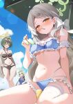  3girls absurdres ahoge beach_umbrella bikini blue_archive blue_bikini blue_one-piece_swimsuit braid braided_bangs breasts eyewear_on_head flower_halo frilled_bikini frills fuyu_(blue_archive) fuyu_(c108_swimsuit)_(blue_archive) green_hair green_halo hair_ribbon halo hand_on_own_hip heart heart-shaped_pupils highres holding holding_removed_eyewear jacket jacket_over_swimsuit kamimori_kuuraku letterman_jacket long_hair looking_at_viewer miyo_(blue_archive) miyo_(c108_swimsuit)_(blue_archive) mole mole_on_cheek multicolored_jacket multiple_girls navel official_alternate_hairstyle one-piece_swimsuit plaid_bikini plaid_clothes ribbon ribbon_in_braid ritsu_(blue_archive) ritsu_(c108_swimsuit)_(blue_archive) sitting stomach swimsuit swimsuit_under_clothes symbol-shaped_pupils two-tone_jacket umbrella unworn_eyewear wariza wolf_cut 