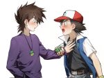 2boys aihara-rina ash_ketchum baseball_cap belt black_hair black_shirt blue_jacket blush brown_hair chinese_commentary commentary_request dated fingerless_gloves from_side gary_oak gloves green_gloves hand_in_pocket hat highres holding_another's_arm jacket jewelry long_sleeves looking_at_another male_focus multiple_boys necklace open_clothes open_jacket open_mouth pokemon pokemon_(anime) pokemon_(classic_anime) profile purple_shirt red_hat shirt short_hair short_sleeves signature sweatdrop upper_body white_background 