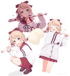  1girl absurdres alternate_costume alternate_hairstyle apple_(zdj0266) baseball_bat blonde_hair blunt_bangs blush bow brown_shoes cardigan closed_mouth commentary_request cropped_torso dot_nose earrings food green_eyes hair_bow hand_up highres holding holding_baseball_bat indie_virtual_youtuber jewelry leg_warmers loafers looking_at_viewer marshmallow miniskirt multiple_views neck_ribbon open_mouth pleated_skirt pom_pom_(clothes) pom_pom_earrings red_bow red_leg_warmers red_skirt ribbon sailor_collar school_uniform serafuku shigure_ui_(vtuber) shoes short_hair simple_background skirt solo sparkle squatting swinging_baseball_bat twitter_username virtual_youtuber white_background white_cardigan 