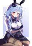  1girl animal_ears arm_under_breasts black_hat black_leotard black_skirt blue_hair blush breasts commentary_request duplicate fake_animal_ears grey_vest hat highres hololive leotard long_hair looking_at_viewer mature_female mi_kamii2 mini_hat mini_top_hat multicolored_hair official_alternate_costume open_mouth orange_eyes pekomama pekomama_(bunny_costume) playboy_bunny rabbit-shaped_pupils rabbit_ears short_eyebrows skirt solo symbol-shaped_pupils thighhighs top_hat two-tone_hair very_long_hair vest virtual_youtuber white_hair white_thighhighs 
