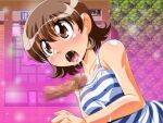  1boy 1girl azukino_anko_(manjuverunu) blush blush_stickers breasts brown_eyes brown_hair camisole censored collarbone covered_nipples cum cum_in_mouth game_asset game_screenshot_background gradient_background looking_up manjuverunu_no_sen_otome mosaic_censoring non-web_source official_art open_mouth penis screenshot_background self-datamine siubomanjyu small_breasts striped_camisole upper_body variant_set visual_novel_cg 