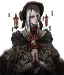  1girl ascot bloodborne bonnet chain cloak doll_joints fingerless_gloves fringe_trim gloves highres jewelry joints lace lace_gloves lantern long_sidelocks necklace own_hands_clasped own_hands_together pale_skin plain_doll praying red_ascot sidelocks signature sinakeey solo upper_body white_background white_hair 