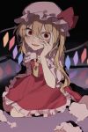  1girl ascot black_background blonde_hair blood blood_on_face blush bow collared_shirt commentary_request crystal crystal_wings cuts dilated_pupils dot_nose fang flandre_scarlet frilled_shirt_collar frilled_skirt frills full_body hair_between_eyes hand_on_own_cheek hand_on_own_face hand_up hat hat_bow highres injury looking_at_viewer mary_janes mob_cap multicolored_wings nosebleed one_side_up open_mouth puffy_short_sleeves puffy_sleeves red_bow red_eyes red_shoes red_skirt red_vest sabi_kkr shirt shoes short_sleeves side_ponytail simple_background skirt skirt_set smile solo split_mouth stuffing touhou vest white_hat white_shirt wings yellow_ascot 