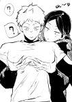  2boys ? absurdres blush caheoarts closed_mouth commentary compression_shirt greyscale haikyuu!! heart highres hinata_shouyou hood hood_down hoodie impressed kozume_kenma large_pectorals layered_sleeves long_sleeves looking_at_pectorals male_focus monochrome multiple_boys pectoral_grab pectorals shirt short_hair short_over_long_sleeves short_sleeves simple_background spoken_question_mark straight-on t-shirt untranslatable_commentary upper_body white_background yaoi 