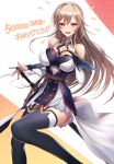  1girl :d absurdres bare_shoulders belt black_thighhighs breasts bridal_gauntlets brown_belt brown_hair collared_halterneck commentary criss-cross_halter dress furen_e_lustario furen_e_lustario_(1st_costume) garter_straps halterneck hand_on_hilt hand_on_own_chest highres large_belt large_breasts layered_dress long_hair looking_at_viewer morichika_shuuto multicolored_dress nijisanji official_artist_extra pleated_dress red_background red_eyes scabbard sheath sheathed sleeveless sleeveless_dress smile solo sword thighhighs translated virtual_youtuber weapon white_background yellow_background 