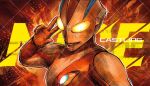 1boy alien artist_name castlings character_name color_timer colored_skin commentary compound_eyes dorsal_fin english_commentary english_text fiery_background fire glowing glowing_eyes hand_up looking_at_viewer male_focus multicolored_skin no_pupils orange_background pectorals red_skin silver_skin solo tokusatsu toned toned_male two-tone_skin ultra_series ultraman_nice ultraman_nice_(series) upper_body w watermark yellow_eyes 