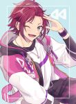  1boy absurdres bad_id bad_pixiv_id bangs_pinned_back belt belt_buckle black_belt blue_background buckle curtained_hair dated drawstring ensemble_stars! feature_scout_1_(ensemble_stars!) green_eyes hair_ornament hairclip headset highres hood hood_down hooded_jacket isara_mao jacket jewelry layered_clothes long_sleeves male_focus necklace official_alternate_costume one_eye_closed open_clothes open_jacket open_mouth red_hair reijiro salute short_hair smile solo teeth 