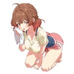  1girl bare_legs barefoot blush breasts brown_eyes brown_hair cleavage collarbone commentary_request cropped_shirt full_body gakuen_idolmaster hanami_ume holding holding_towel idolmaster kneeling large_breasts leaning_forward looking_at_viewer medium_hair open_mouth pan_(ryu) pink_shorts sartorial_line shirt short_shorts shorts simple_background solo towel white_background wiping_sweat yellow_shirt 