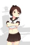  :o artist_name bad_id bad_pixiv_id black_ribbon brown_eyes brown_hair brown_skirt collarbone contrapposto cowboy_shot deru06 hair_ribbon head_tilt highres kantai_collection lifted_by_self looking_at_viewer miniskirt navel open_mouth pleated_skirt ponytail ribbon school_uniform serafuku shikinami_(kantai_collection) ship short_hair silhouette simple_background skirt solo standing stomach undressing watercraft white_background 