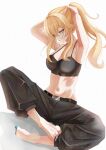  1girl absurdres armpits black_bra black_pants blonde_hair blue_eyes blue_nails bra breasts commentary_request genshin_impact hair_tie_in_mouth highres jean_(genshin_impact) long_hair looking_down medium_breasts mouth_hold nail_polish navel pants ponytail simple_background sitting solo takane_pato toenail_polish toenails tying_hair underwear white_background 