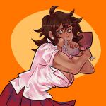  boned_meat breasts brown_hair cleavage collared_shirt commentary danganronpa_(series) danganronpa_2:_goodbye_despair dark-skinned_female dark_skin earrings eating english_commentary eyelashes food food_in_mouth green_eyes hair_between_eyes highres holding holding_food jewelry large_breasts liyah_jpg meat medium_hair orange_background owari_akane red_skirt saliva shirt simple_background skirt tan toned toned_female white_shirt 
