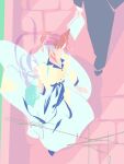  1girl 1other animal_ears artist_name black_pants brown_hair dress echoo fine_motion's_bodyguard_captain fine_motion_(umamusume) from_above full_body highres holding holding_paper horse_ears horse_girl horse_tail impressionism jewelry long_dress looking_back pants paper pendant shirt short_hair solo_focus tail umamusume walking yellow_shirt 