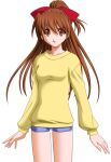  1girl 2000s_(style) blue_shorts bow brown_eyes brown_hair casual game_asset hair_bow hair_ribbon high_ponytail kourin_tenshi_en_ciel_rena large_variant_set long_hair long_sleeves looking_at_viewer lowres non-web_source official_art open_mouth ponytail purple_shorts ribbon saitou_natsuki self-datamine shirt short_shorts shorts simple_background solo standing sweater tachi-e tomoe_rena transparent_background variant_set 