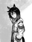  1girl :d animal_ears coat collared_shirt cowboy_shot dot_nose ear_covers feather_hair_ornament feathers from_side goggles goggles_around_neck grey_background greyscale hair_between_eyes hair_ornament hands_in_pockets head_tilt highres hood hooded_coat horse_ears horse_girl horse_tail kumunatsu long_hair looking_at_viewer low_ponytail monochrome multicolored_hair open_clothes open_coat open_mouth ponytail shirt simple_background smile solo stay_gold_(sunlit_outsider)_(umamusume) stay_gold_(umamusume) streaked_hair tail umamusume wrist_belt 
