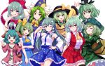  6+girls :q :t absurdres animal_ears arm_up arms_up ascot belt black_hat blue_capelet blue_hat blue_shirt blue_skirt blue_vest blush bow bowtie breasts brown_belt brown_thighhighs buttons camouflage camouflage_hat camouflage_shirt camouflage_skirt capelet closed_eyes closed_mouth collared_shirt color_connection commentary daiyousei detached_sleeves diamond_button disembodied_linked_eye dog_ears dog_girl dog_tail dot_nose double_v dress eyeball fairy fairy_wings fang floral_print frilled_bow frilled_capelet frilled_shirt frilled_shirt_collar frilled_skirt frilled_sleeves frills frog_hair_ornament green_dress green_eyes green_hair green_shirt green_skirt hair_between_eyes hair_bow hair_color_connection hair_ornament hair_tubes hand_on_own_hip hands_on_own_hips hat hat_bow highres jewelry kagiyama_hina kasodani_kyouko kazami_yuuka key key_necklace kochiya_sanae komeiji_koishi large_breasts long_hair long_sleeves looking_at_viewer medium_breasts medium_hair mima_(touhou) multiple_girls necklace ofuda ofuda_on_clothes one_eye_closed one_side_up open_clothes open_mouth open_vest pink_dress plaid_clothes plaid_skirt plaid_vest pout puffy_short_sleeves puffy_sleeves red_bow red_eyes red_skirt red_vest rose_print shgngzhngdeyti1 shirt short_sleeves simple_background single_hair_tube skin_fang skirt skirt_set sleeveless sleeveless_shirt small_breasts smile smug snake_hair_ornament soga_no_tojiko sun_print tail tate_eboshi thighhighs tongue tongue_out touhou touhou_(pc-98) v v_over_eye very_long_hair vest white_background white_shirt wide_sleeves wings wizard_hat yamashiro_takane yellow_ascot yellow_bow yellow_bowtie yellow_shirt 