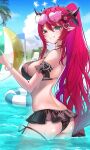  1girl ass back ball beach_umbrella beachball bikini black_bikini black_halo blue_eyes bracelet breasts cloud demon_horns eyewear_on_head flower frilled_bikini frills hair_flower hair_ornament halo heart heart-shaped_eyewear heart_hair_ornament heterochromia high_ponytail highres hololive hololive_english horns innertube irys_(hololive) irys_(irys_2.0)_(hololive) jewelry lawn_chair long_pointy_ears looking_at_viewer looking_back medium_breasts miza8276 palm_tree pointy_ears ponytail pool red_eyes red_hair smile sunglasses swim_ring swimsuit tree umbrella virtual_youtuber white_halo 