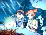  1boy 1girl aihara-rina aquarium ash_ketchum bare_arms bare_shoulders baseball_cap black_hair blush brown_eyes closed_eyes commentary elbow_rest facing_another fingerless_gloves fish gloves hat high_side_ponytail highres hood hood_down horsea looking_at_another mantyke misty_(pokemon) open_mouth orange_hair pokemon pokemon_(anime) pokemon_(creature) pokemon_the_series:_ruby_and_sapphire qwilfish short_hair side_ponytail sleeveless smile tongue tongue_out upper_body vest water yellow_vest 