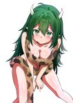  1girl 3am absurdres blush breasts cavewoman cleavage english_commentary green_eyes green_hair hair_between_eyes highres horns kishishi_(kishiman-ya) large_breasts long_hair meat_(vtuber) pointy_ears revealing_clothes solo thighs virtual_youtuber white_background 