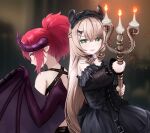  2girls absurdres animal_ears back black_dress brown_hair brown_streaks choker commentary dimensionless88 dragon_girl dragon_horns dragon_wings dress drill_hair drill_sidelocks grape_(vtuber) highres horns indie_virtual_youtuber lace lace-trimmed_choker lace-trimmed_headdress lace_sleeves lace_trim long_hair looking_at_viewer multicolored_hair multiple_girls nimi_nightmare nimi_nightmare_(goth) off-shoulder_dress off_shoulder pink_eyes pink_hair pointy_ears ponytail sidelocks streaked_hair tapir_ears tapir_girl untranslatable_commentary virtual_youtuber wings 