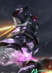  bandai black_tri-stars commentary_request company_name copyright_logo copyright_name copyright_notice debris dom_(mobile_suit) glowing_hot grey_sky gundam gundam_arsenal_base jet_stream_attack logo mecha mecha_focus mixed-language_text mobile_suit mobile_suit_gundam one-eyed_mecha purple_eyes robot scene_reference science_fiction serike_w sky smoke sword title war weapon zeon 