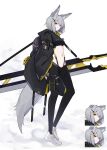  1girl absurdres animal_ears fox_ears fox_girl fox_tail full_body grey_hair hair_ornament highres looking_at_viewer navel original simple_background tail touko_(toko12_tooko) weapon yellow_eyes 