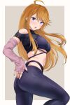  1girl ahoge arm_warmers ass black_nails black_pants black_shirt blue_eyes blush border breasts brown_background brown_hair clothing_cutout commentary_request cowboy_shot cropped_shirt earrings fingernails flying_sweatdrops from_side hanamasa_ono highres hip-hop_woman_(idolmaster) idolmaster idolmaster_million_live! idolmaster_million_live!_theater_days jewelry long_hair looking_at_viewer medium_breasts multiple_rings nail_polish official_alternate_costume open_mouth outside_border pants ring shirt short_sleeves shoulder_cutout simple_background solo standing tokoro_megumi v-shaped_eyebrows white_border 
