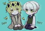  16personalities 2boys advocate_(16personalities) aqua_background bad_id bad_pixiv_id bishounen black_pants braid brown_coat brown_pants brown_sweater bug butterfly capelet chibi clenched_hands closed_mouth coat collared_shirt diamond_hairband dot_nose double-parted_bangs full_body green_butterfly green_eyes green_hair green_sweater_vest hair_between_eyes highres hood hooded_capelet light_blush long_sleeves looking_at_another mediator_(16personalities) multiple_boys myers-briggs_type_indicator open_clothes open_coat pants sanni_(spsb001) shirt short_braid short_hair single_braided_sidelock smile split_mouth sweater sweater_vest white_hair white_shirt 