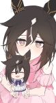  1girl animal_ears blush bow bowtie brown_eyes brown_hair character_doll clothing_cutout commentary_request doll ear_covers hair_between_eyes highres holding holding_doll horse_ears horse_girl long_hair looking_at_viewer meni_shuki_rush-sshu! minu0_u multicolored_hair pink_shirt pink_skirt purple_bow purple_bowtie purple_shirt sailor_collar sailor_shirt school_uniform shirt shoulder_cutout simple_background skirt solo stay_gold_(umamusume) streaked_hair summer_uniform tracen_school_uniform umamusume white_hair white_sailor_collar white_skirt 