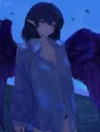  1girl absurdres bird_wings black_hair black_panties black_wings breasts cleavage closed_mouth commentary_request eneshi highres long_sleeves looking_at_viewer medium_breasts medium_hair missing_headwear naked_shirt outdoors panties partially_unbuttoned pointy_ears red_eyes shameimaru_aya shirt signature solo touhou underwear white_shirt wings 