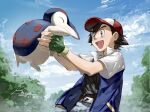  1boy aihara-rina artist_name ash_ketchum baseball_cap belt black_hair black_shirt blue_jacket blue_pants blue_sky brown_eyes chinese_commentary cloud cloudy_sky commentary_request cyndaquil dated fingerless_gloves gloves green_gloves hat highres holding holding_pokemon jacket looking_at_another male_focus open_clothes open_jacket open_mouth outdoors pants pokemon pokemon_(anime) pokemon_(classic_anime) pokemon_(creature) red_hat shirt short_hair short_sleeves sky tree upper_body white_sleeves 
