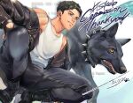  1boy animal black_eyes black_hair black_pants boots bulge collar commentary commission dog english_commentary fingerless_gloves gloves inukura jacket jacket_on_shoulders leather leather_gloves leather_jacket looking_to_the_side male_focus original pants short_hair skeb_commission smile spiked_collar spikes squatting tank_top white_tank_top yellow_eyes 