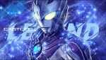  1boy alien aquarius_(constellation) armor artist_name blue_background castlings character_name chest_guard color_timer colored_skin commentary compound_eyes constellation dorsal_fin english_commentary english_text glowing glowing_eyes grey_skin looking_ahead male_focus multicolored_skin no_pupils pectorals purple_armor scorpius_(constellation) shoulder_armor silver_skin solo tokusatsu toned toned_male two-tone_skin ultra_series ultraman_cosmos_(series) ultraman_legend upper_body watermark white_eyes 