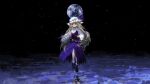  1girl belt blonde_hair bow buttons dress earth_(planet) floating fossilized_wonders hand_fan hat hat_ribbon highres holding kaigen_1025 light_smile long_hair long_sleeves planet purple_dress red_eyes ribbon shirt shoes smile socks solo space star_(sky) touhou watatsuki_no_toyohime water white_hat white_shirt 