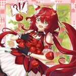  !? 1girl animal_ears apple blush breasts dress ear_covers feather_hair_ornament feathers food fruit gem glove_wrist_strap gloves green_eyes green_gem hair_between_eyes hair_ornament hanong_06 highres holding holding_food holding_fruit horse_ears horse_girl horse_tail long_hair low_twintails open_mouth red_dress red_hair small_breasts solo spoken_interrobang tail twintails umamusume win_variation_(dramatic_tutu)_(umamusume) win_variation_(umamusume) 