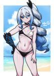  1girl absurdres artist_logo ass_visible_through_thighs beach bikini black_bikini black_nails black_sclera blue_eyes blue_hair breasts breasts_apart colored_sclera commission contrapposto day feet_out_of_frame fingernails gradient_hair groin hair_between_eyes hand_on_own_hip hand_on_own_leg highres ko-fi_commission logo long_fingernails long_hair looking_at_viewer mismatched_sclera multicolored_bikini multicolored_hair navel_piercing original outdoors piercing rotomdocs side_ponytail signature small_breasts solo swimsuit two-tone_bikini very_long_hair white_bikini white_hair 
